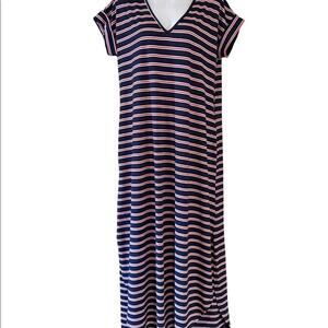 Entro Women's Medium Red, White and Blue Maxi Dress V-Neck with Cap Sleeves